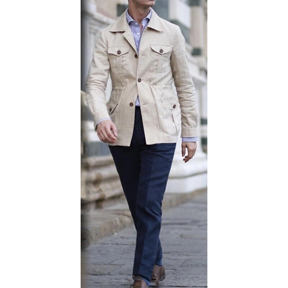 AOWOFS Mens‎ XL Beige Linen Blend Utility Safari Jacket NEW